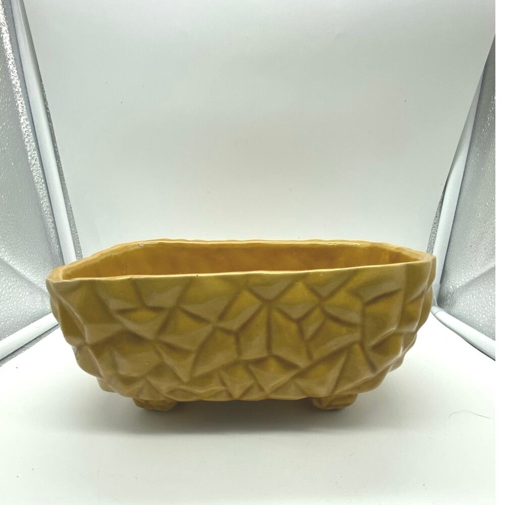 Vintage Mid Century Cubist  yellow‎ Gold Ceramic Geometric footed Planter 1960s
